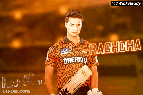 A Man Holding A Cricket Bat With The Name Rachcha On The Bottom GIF