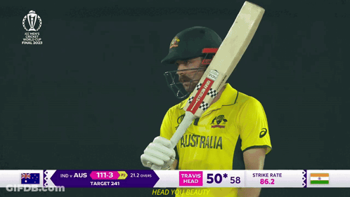 A Man Holding A Cricket Bat With The Word Australia On It GIF