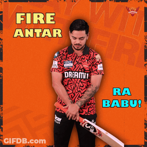 A Man Holding A Cricket Bat With The Words Fire Antar Ra Babu GIF