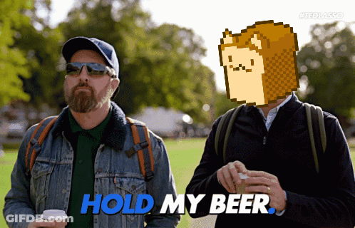 A Man Holding A Cup Of Coffee And Another Man Holding A Sandwich Says Hold My Beer GIF