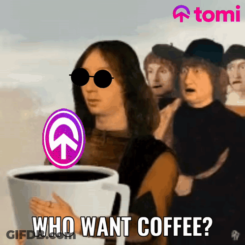 A Man Holding A Cup Of Coffee With The Words Who Want Coffee GIF