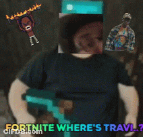 A Man Holding A Diamond Sword With The Words Fortnite Where 'S Travi ? GIF