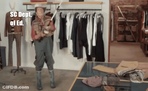 A Man Holding A Fishing Rod In A Store With The Words Sc Dept Of Ed On The Bottom GIF