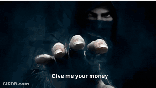 A Man Holding A Flashlight With The Words Give Me Your Money Written Below Him GIF