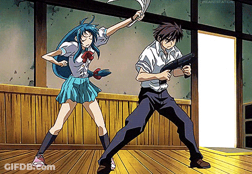 A Man Holding A Gun And A Girl Holding A Sword In A Room With The Words " Heartstation " In The Corner GIF