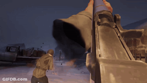 A Man Holding A Gun In A Video Game With Smoke Coming Out Of It GIF