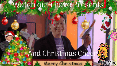 A Man Holding A Gun In Front Of A Christmas Tree Says Watch Out I Have Presents And Christmas Cheer GIF