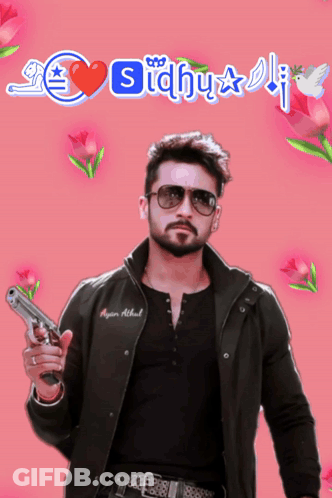 A Man Holding A Gun In Front Of A Pink Background That Says Sidhu Ali GIF