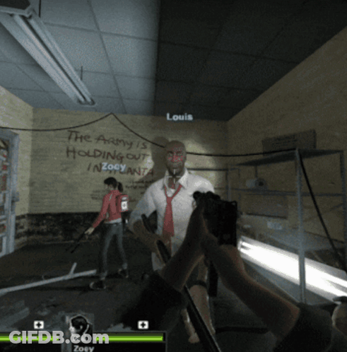A Man Holding A Gun In Front Of A Wall That Says Louis GIF