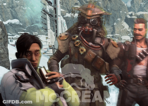 A Man Holding A Gun Is Standing Next To A Man In A Futuristic Outfit With The Word Mccrea On The Bottom Left GIF