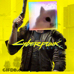 A Man Holding A Gun With A Cat On His Head And The Words Cyberpunk 2077 On The Bottom GIF