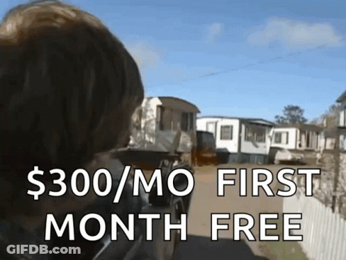 A Man Holding A Gun With The Words $ 300 / Mo First Month Free Below Him GIF