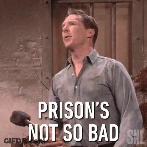 A Man Holding A Hammer With The Words Prison 'S Not So Bad On The Bottom GIF