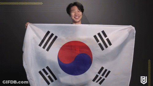 A Man Holding A Korean Flag With The Letter B On It GIF