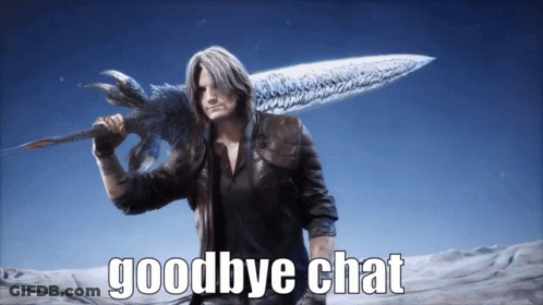 A Man Holding A Large Sword With The Words Goodbye Chat Written On The Bottom GIF