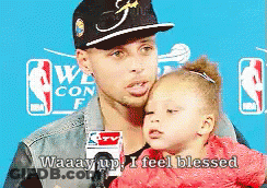 A Man Holding A Little Girl With The Words Waaaay Up I Feel Blessed On The Bottom GIF