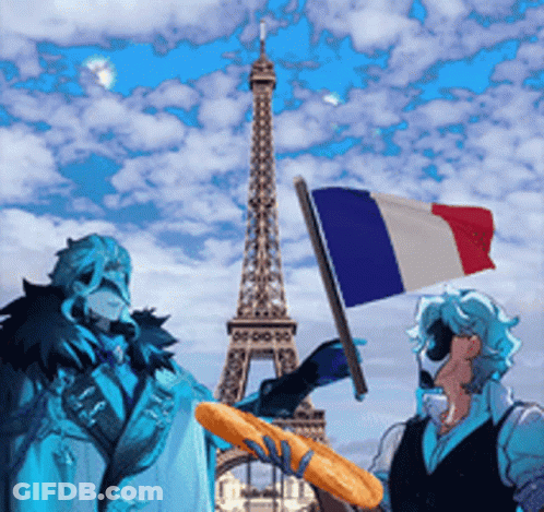 A Man Holding A Loaf Of Bread And A Flag In Front Of The Eiffel Tower GIF