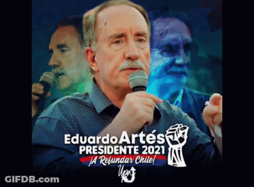 A Man Holding A Microphone With The Words Eduardo Artes Presidente 2021 GIF