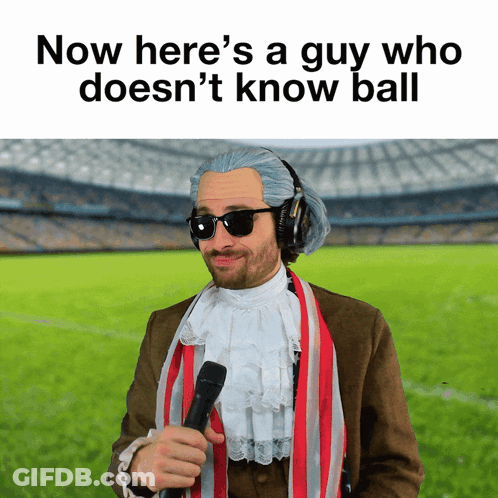 A Man Holding A Microphone With The Words Now Here 'S A Guy Who Doesn 'T Know Ball GIF