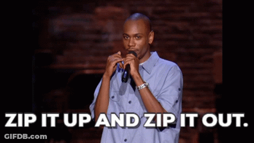 A Man Holding A Microphone With The Words Zip It Up And Zip It Out GIF