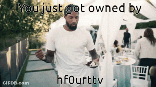 A Man Holding A Plate Of Food With The Words You Just Got Owned By Hfourttv On The Bottom GIF