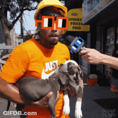 A Man Holding A Puppy In Front Of A Sign That Says Higher Prices Paid GIF