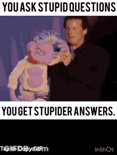 A Man Holding A Purple Puppet With The Words " You Ask Stupid Questions You Get Stupider Answers " GIF