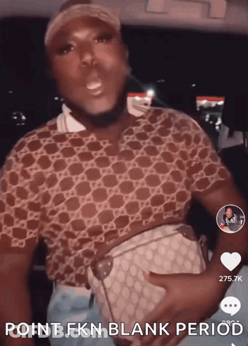 A Man Holding A Purse With The Words Point Fkn Blank Period Written Below Him GIF