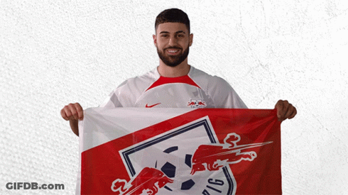 A Man Holding A Red White And Blue Flag With A Bull On It GIF