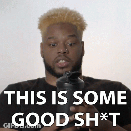 A Man Holding A Shaker With The Words " This Is Some Good Sh * T " Behind Him GIF