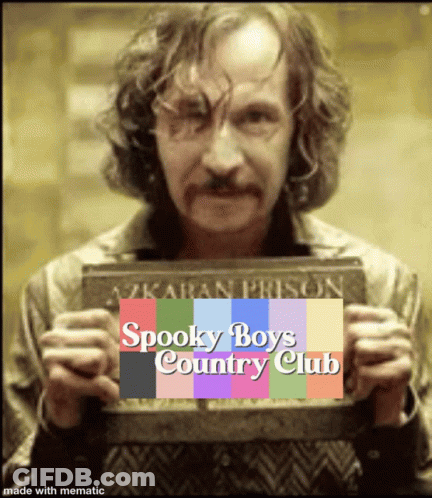 A Man Holding A Sign That Says " Spooky Boys Country Club " GIF