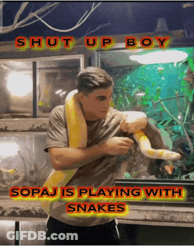 A Man Holding A Snake With The Words Shut Up Boy GIF
