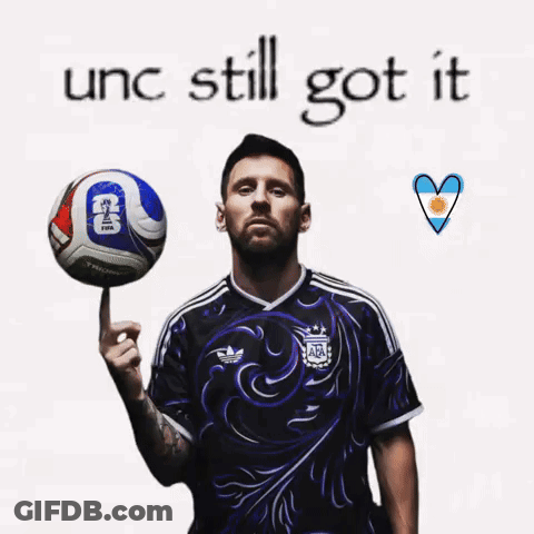 A Man Holding A Soccer Ball With The Words " Unc Still Got It " On The Bottom GIF