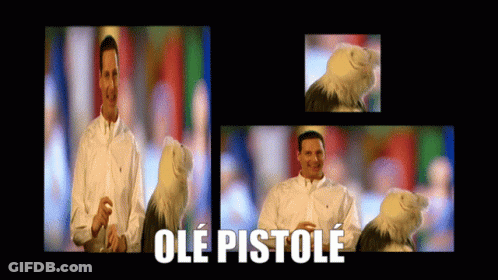 A Man Holding A Stuffed Eagle With Ole Pistole Written In White GIF