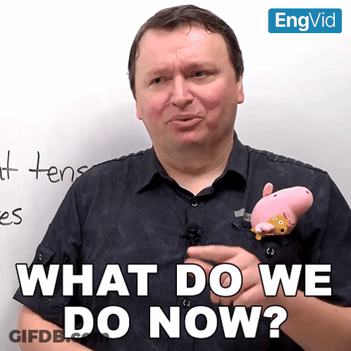A Man Holding A Stuffed Pig With The Words What Do We Do Now On The Bottom GIF