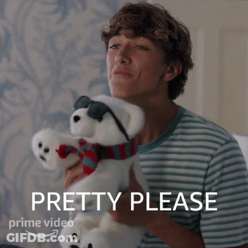 A Man Holding A Stuffed Polar Bear With Sunglasses And A Scarf With The Words Pretty Please On It GIF