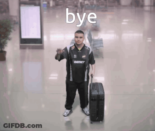A Man Holding A Suitcase With The Word Bye Written On It GIF