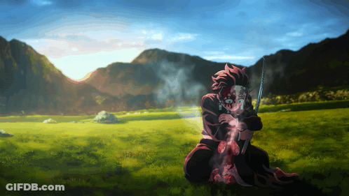 A Man Holding A Sword In A Grassy Field GIF