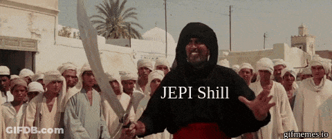 A Man Holding A Sword In Front Of A Crowd With The Words Jepi Shill On The Bottom GIF