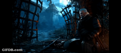 A Man Holding A Sword In Front Of A Fence GIF