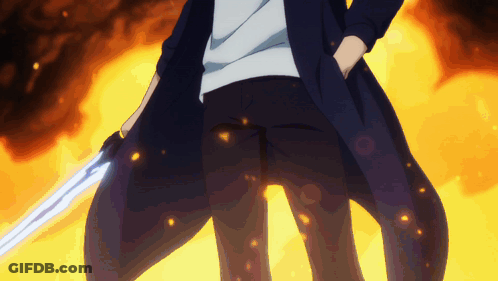 A Man Holding A Sword In Front Of A Fire Background GIF