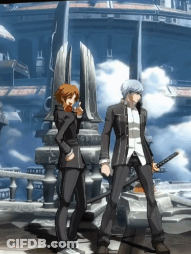 A Man Holding A Sword Is Standing Next To A Woman Holding An Apple GIF