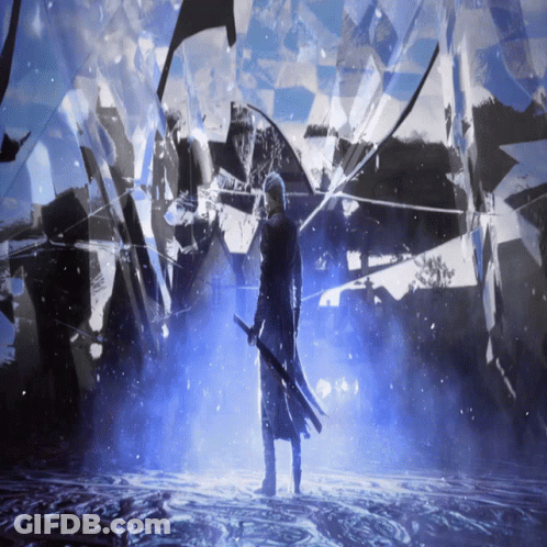 A Man Holding A Sword Stands In Front Of A Broken Mirror GIF