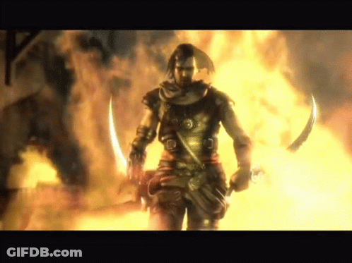 A Man Holding A Sword Stands In Front Of A Fire GIF