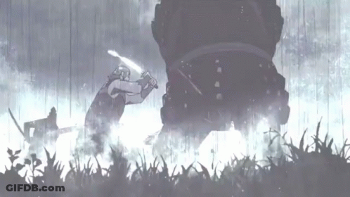 A Man Holding A Sword Stands In Front Of A Monster GIF