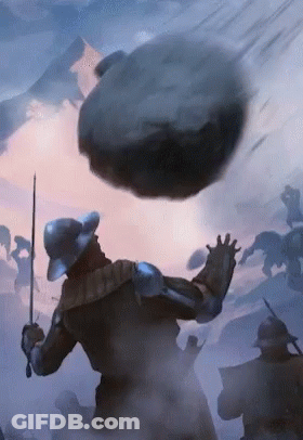 A Man Holding A Sword Stands In Front Of A Rock GIF