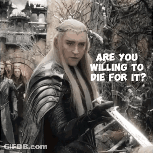 A Man Holding A Sword With The Words Are You Willing To Die For It On The Bottom GIF