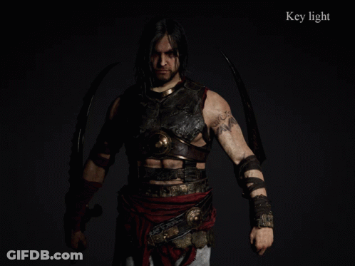 A Man Holding A Sword With The Words Key Light Fill Light Rim Light Hair Rim Light Sword Light Extra Key Light Medallion GIF