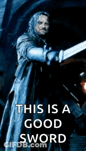 A Man Holding A Sword With The Words This Is A Good Sword GIF