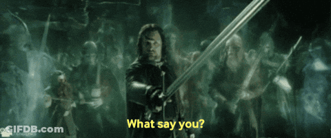 A Man Holding A Sword With The Words " What Say You " Written Below Him GIF